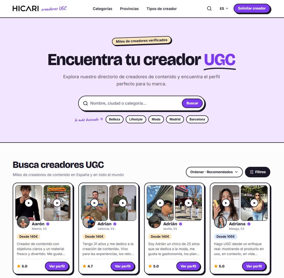 Creadores de contenido UGC en HICARI