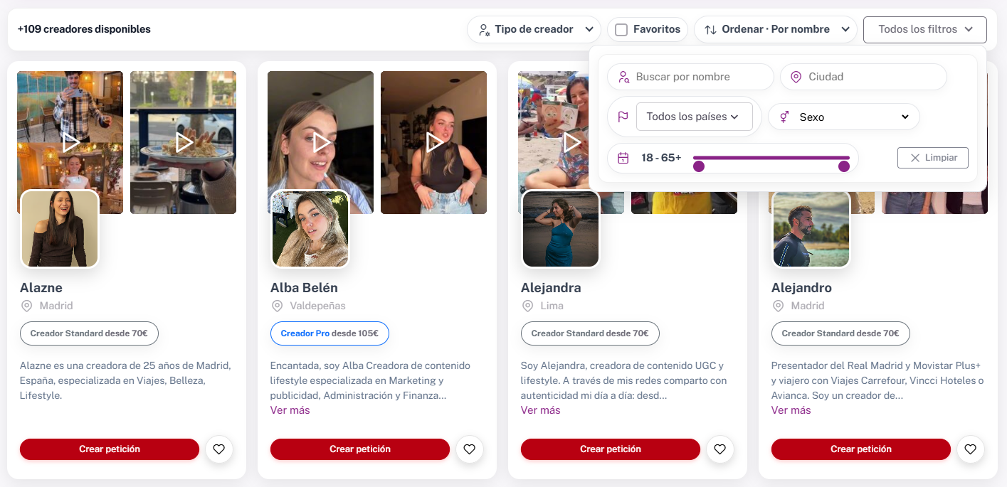 Filtra dentro de creadores para poder partir de una base en la que examinar creadores