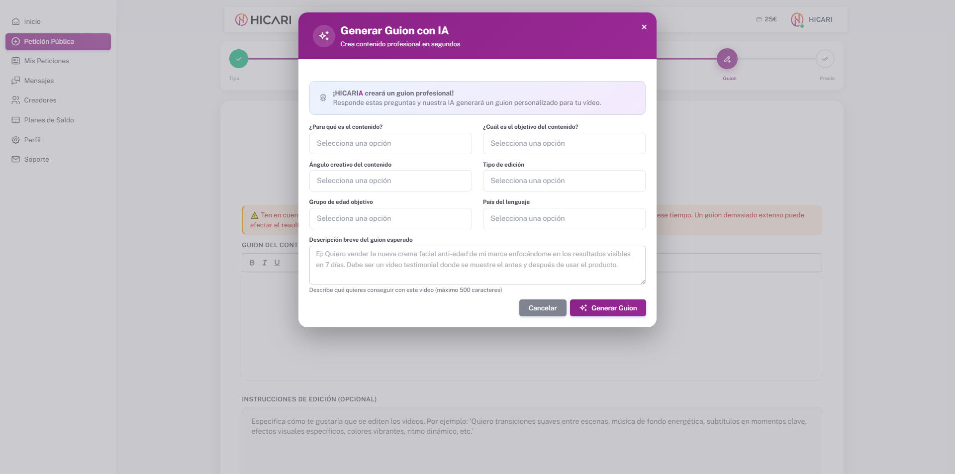 Brief guion vídeo UGC con IA en HICARI
