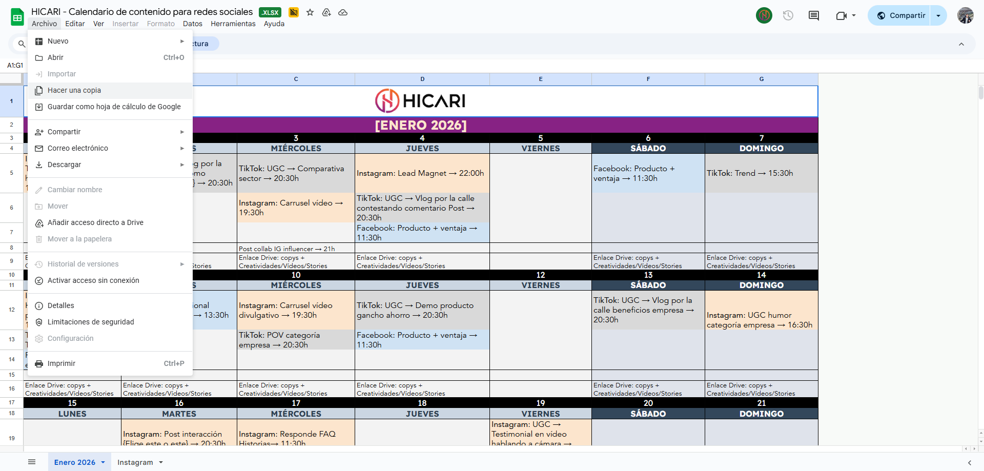 Calendario de contenido redes sociales