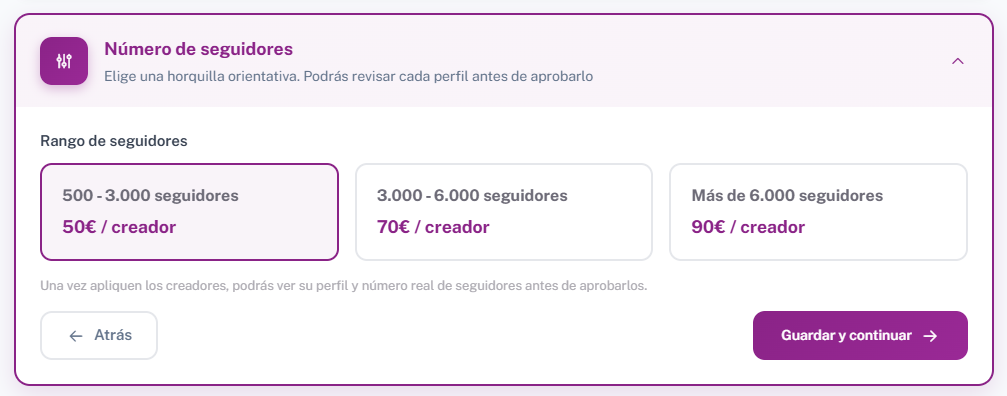 Filtro de cantidad de seguidores para segmentar campañas UGC