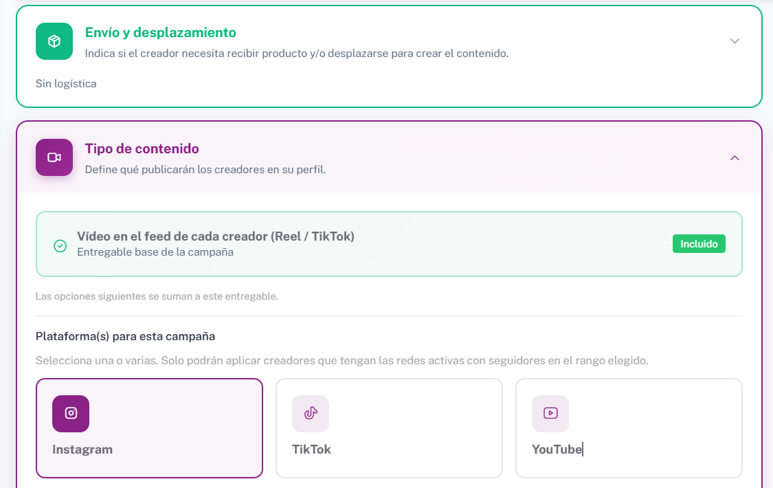 Pantalla de selección de redes sociales en la plataforma HICARI