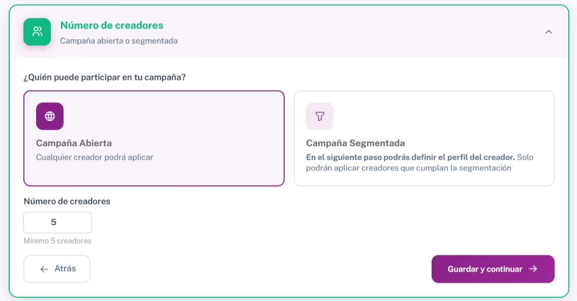 Interfaz de selección de cantidad de creadores para la campaña
