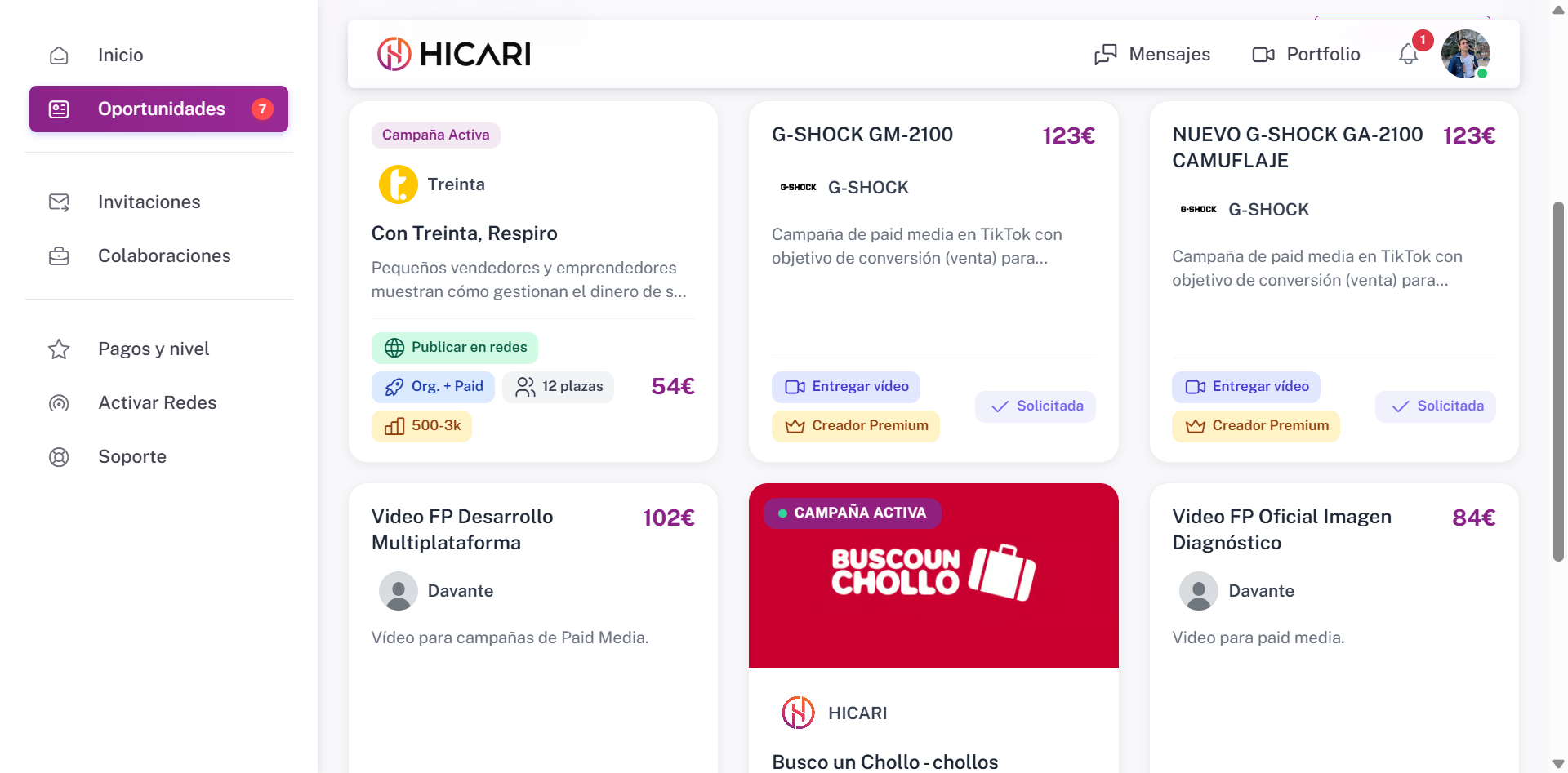 Panel de oportunidades y campañas UGC en HICARI para creadores