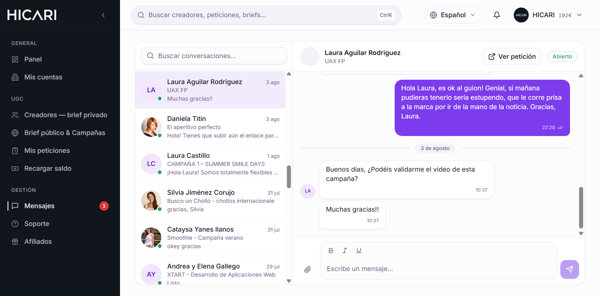 Chat centralizado con creadores UGC en HICARI