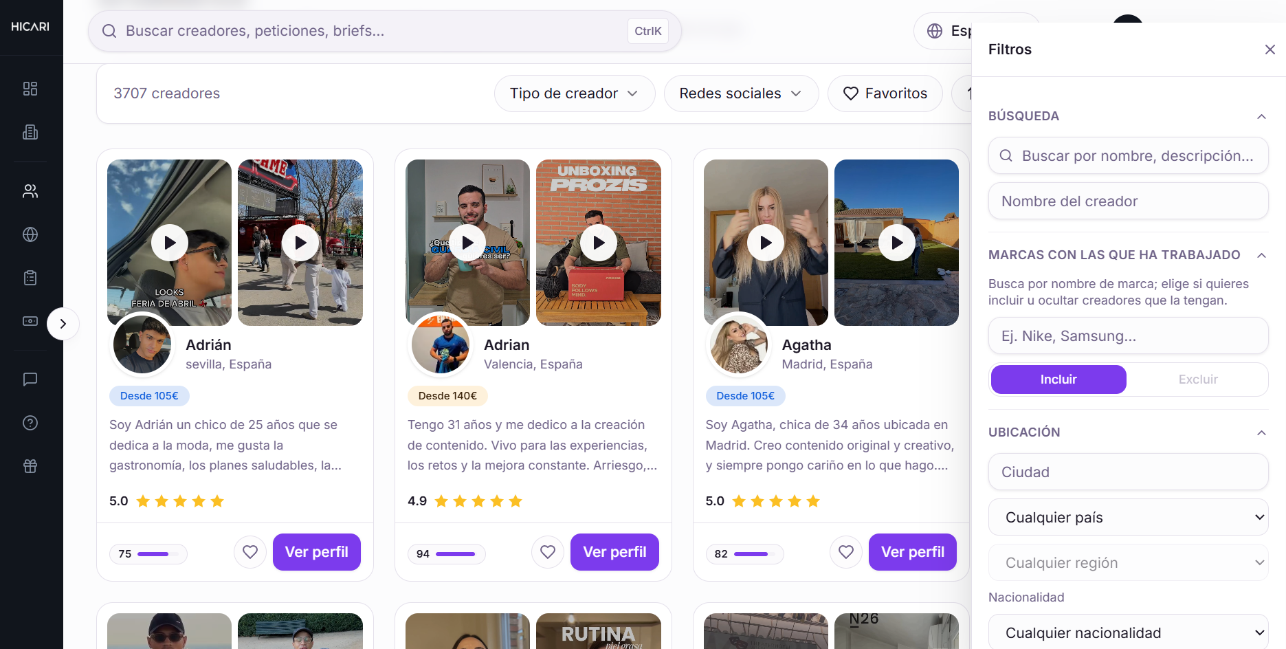 Plataforma de creadores UGC de HICARI por dentro