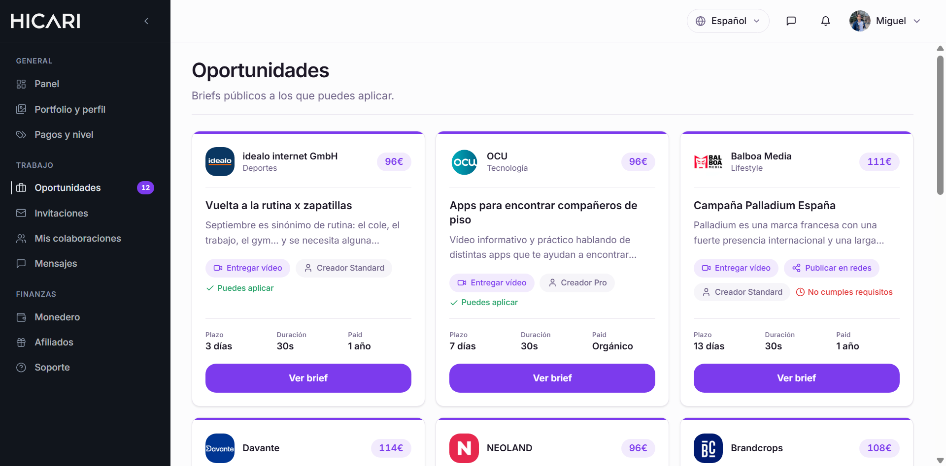 Panel de oportunidades y campañas UGC en HICARI para creadores